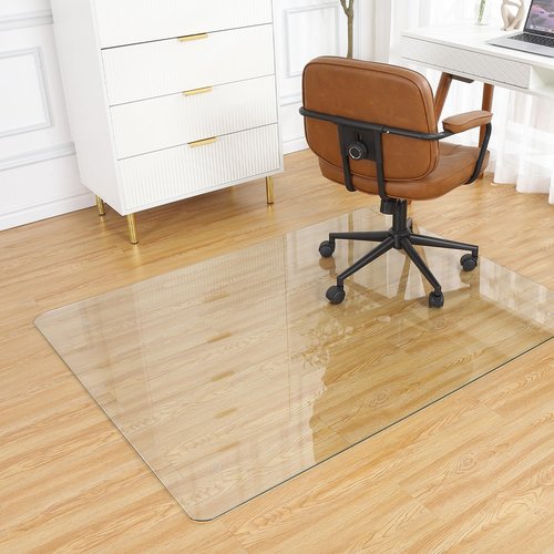 Tempered Glass Office Chair Mat, 0.2 Inch Thick Clear Glass Floor Carpet with Round Corner and Polished Edges, 1000 Lbs Capacity, Scratch-Resistant, Desk Mat for Office(55" x 46")