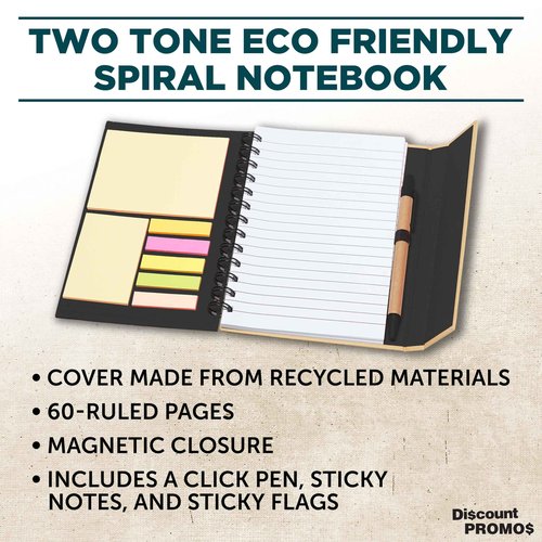 DISCOUNT PROMOS Eco Friendly Spiral Notebooks with Pens Set of 10, Bulk Pack - Perfect for School, Office, Home - Black