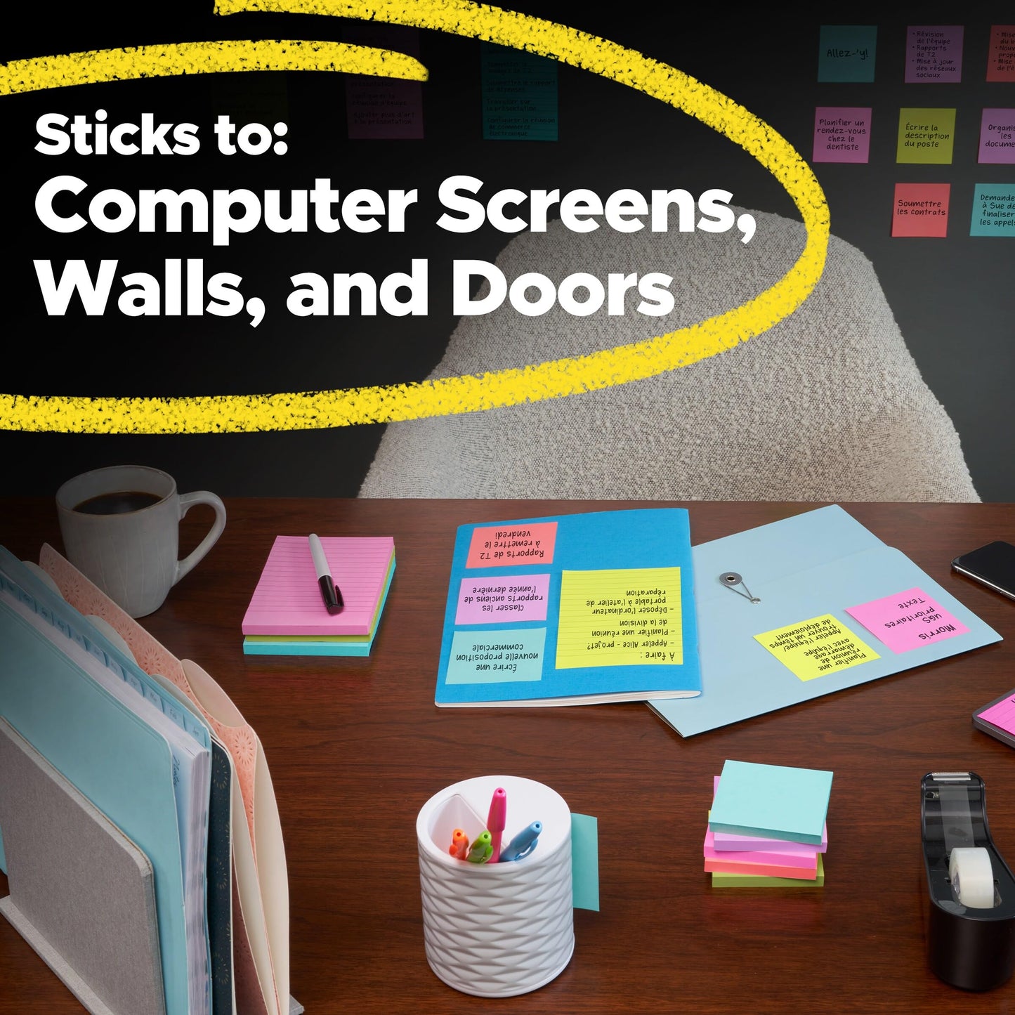 Post-it Super Sticky Lined Notes, Telephone Message, 4 Sticky Note Pads, 4 x 5 in., School Supplies for Students, Ideal for Textbooks, Notebooks, Walls and Vertical Surfaces, Energy Boost Collection
