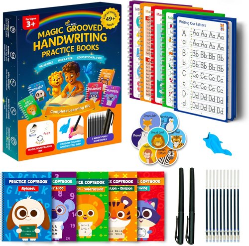 Magic Grooved Writing Practice Set for Kids - 5 Erasable Books for Alphabet, Drawing & Math | Includes 2 Magic Pens & 10 Refills