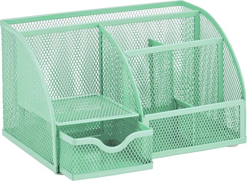Annova Mesh Desk Organizer - 7 Compartments & Drawer | Multifunctional Office Tidy in Green