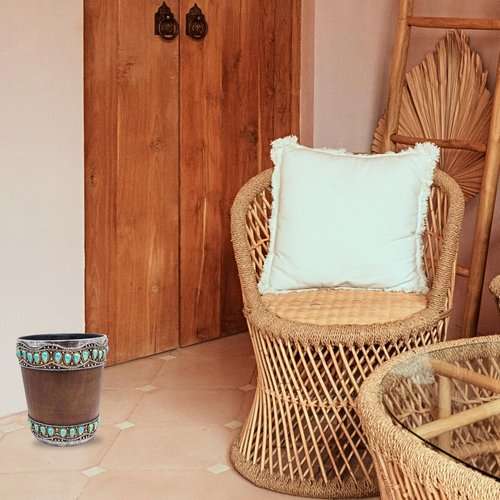 AMAJY Decorative Resin Faux Leather Small Wastebasket with Turquoise Gem - Southwestern Rustic Trash Bin for Bathroom, Bedroom, and Kitchen - Small Decorative Wastebasket for Home or Office Décor