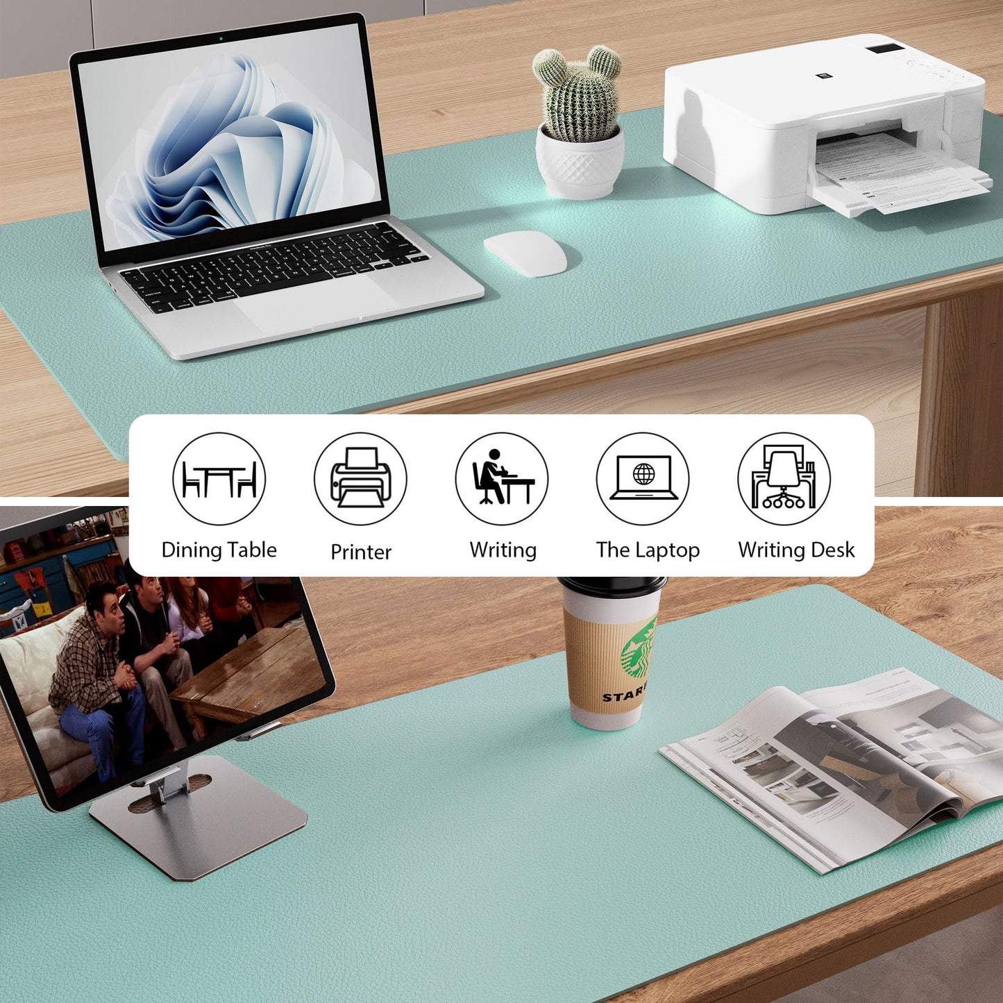 Aothia Faux Leather Desk Mat – Large Mouse Pad, Non-Slip PU Leather Blotter, Waterproof Writing Surface for Office and Home (Light Blue, 47.2" x 23.6")