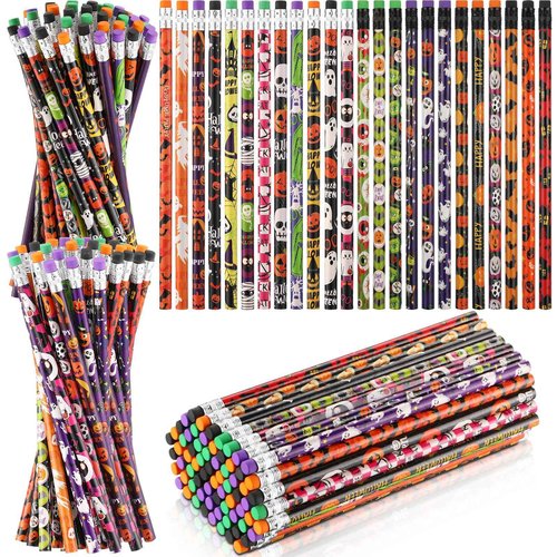 Crtiin 840 Pieces Halloween Pencils with Eraser Colorful Pencils Halloween Themed Pencil Novelty Ghost Pumpkin Skeleton Bat Spider Wood Pencils with Eraser Tops for Halloween Party Supplies