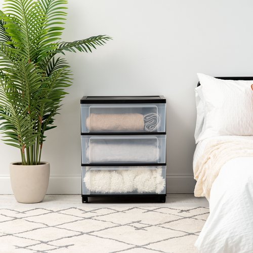 IRIS USA Plastic Drawer Storage Organizer Rolling Cart, with Wheels Casters, 3-Drawers, for Art Craft Supplies Bathroom Dorm Bedroom Laundry Room, Wide, Black