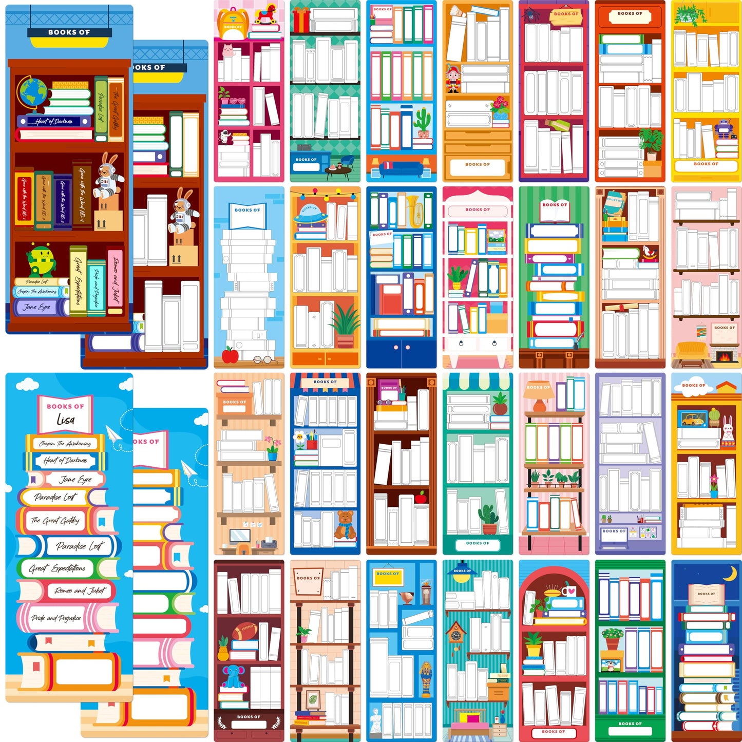 120 PCS Book Tracker Bookmarks, 30 Bookshelf Designs Double Sided Reading Page Markers Reading List Bookmarks for Kids, Adults, Students, Book Lovers All Ages (2.4” x 6.1”)