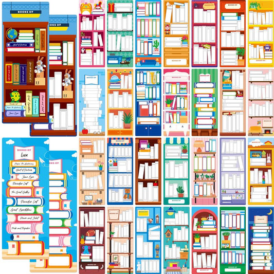 120 PCS Book Tracker Bookmarks, 30 Bookshelf Designs Double Sided Reading Page Markers Reading List Bookmarks for Kids, Adults, Students, Book Lovers All Ages (2.4” x 6.1”)