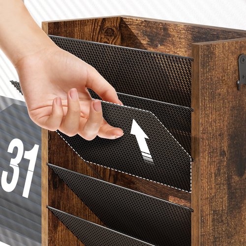 Creso hom Hanging Wall File Organizer, 6 Tier Wood Wall File Holder with 2 Hooks, Mail Organizer Wall Mounted with Bottom Flat Tray, Vertical Paper Desk Storage for Office, Home, Rustic Brown