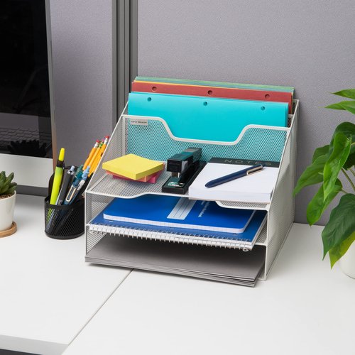 Mind Reader Metal Mesh Desktop File Organizer, 3-Tier Paper Tray with 5 Compartments, Office Mail Sorter, White