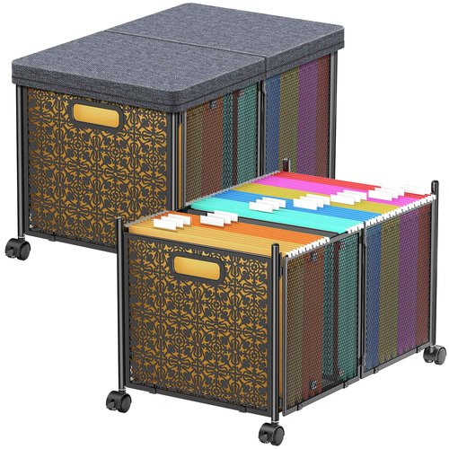 Modanais File Organizer Box, Large File Box for Hanging Letter/Legal Size File, File Folder Storage Box with Wheels, Decorative File Box for Office/Decor/Home, Metal (2 Pack)
