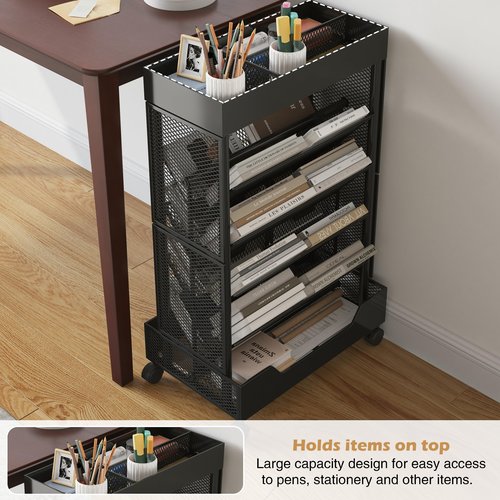 COVAODQ Book Cart with Wheels Mobile Bookshelf Rolling Bookshelf Organizer Bookcase Book Storage Rack, Book Movable Rolling Carts with Wheels for Home School Office 5-Tier, Black