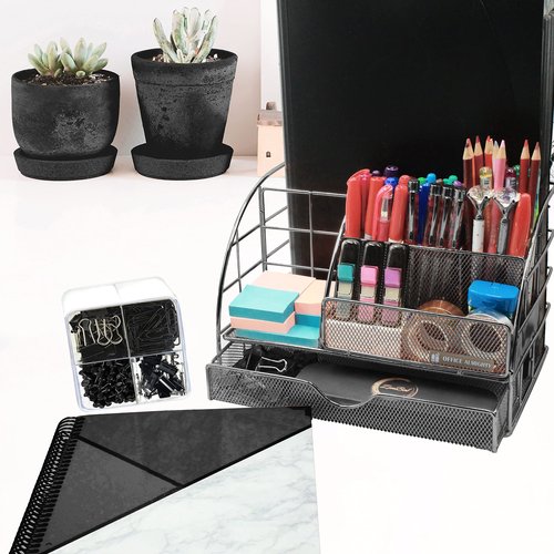 OFFICE ALMIGHTY Black Desk Organizer for Men: Exclusive Large 7 in 1 Mesh Shiny Metal Supplies Organizer with Pen Holders, Folder Holder & Accessories Drawer + BONUS 171 Clips Set w/a Plastic Box