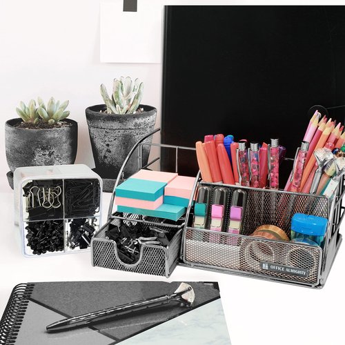 OFFICE ALMIGHTY Black Desk Organizer for Men: Exclusive Large 6 in 1 Mesh Shiny Metal Supplies Organizer with Pen Holders, Folder Holder & Accessories Drawer + BONUS 171 Clips Set w/a Plastic Box