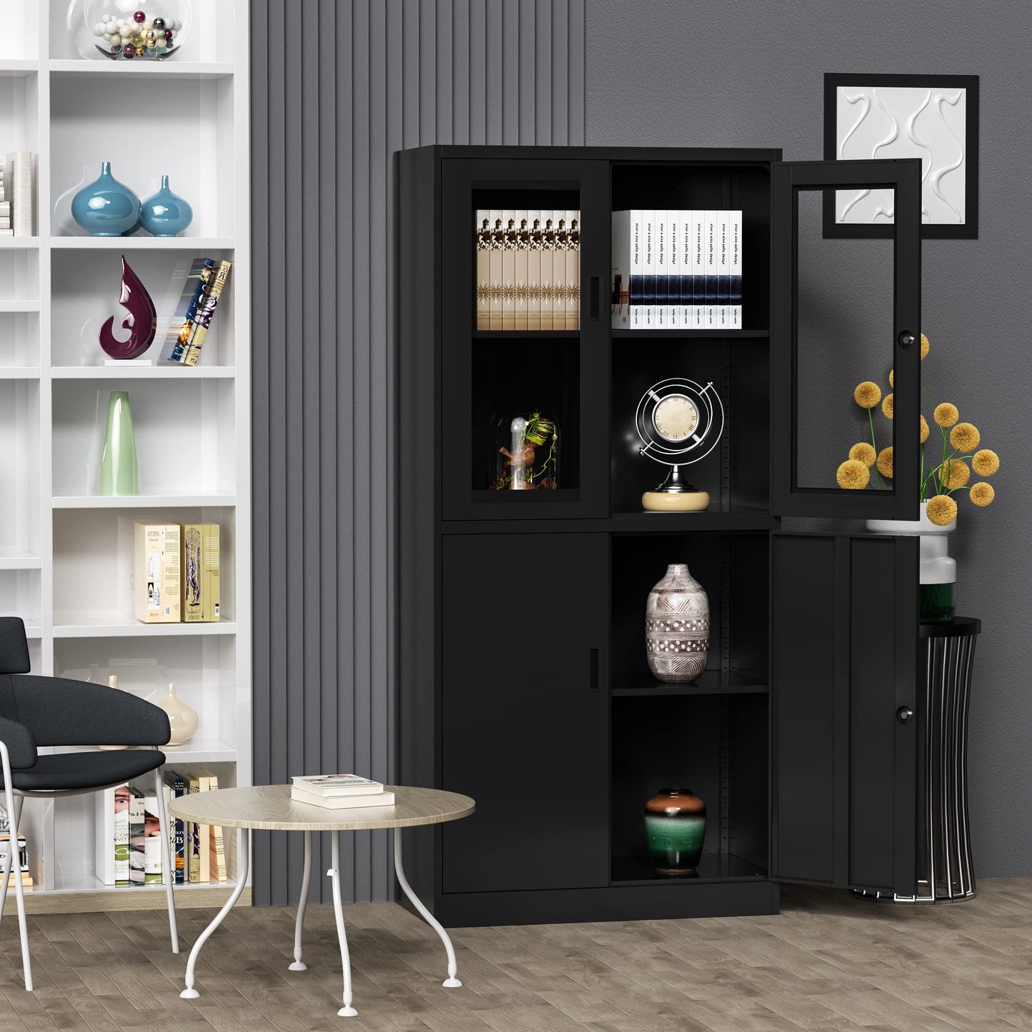 AFAIF 71”H Display Cabinet with Adjustable Shelves, 4 Door Display Cabinets with Glass Door, Black Metal Display case, Locking Steel Storage Caninet for Home/Office/Living Room -Assembly Required