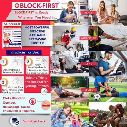 BLOCK-FIRST Advanced First Aid Kit– Stops Bleeding Instantly & Prevents Stitches, Emergency Trauma Medical Kit for Home, Car, Travel, Camping, Hiking, Office, Sports, Outdoor Survival, Multi-Use Pack