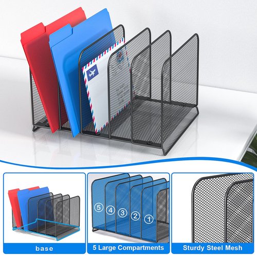 TOPCJ 5 Sections Desk File Holder/Rack/Sorter,Mesh File Organizer,File Folder Organizer,Metal Upright Desktop Organization for Documents,Magazine,Kitchenware,Antiskid,Antirust,Sturdy,1 Pack