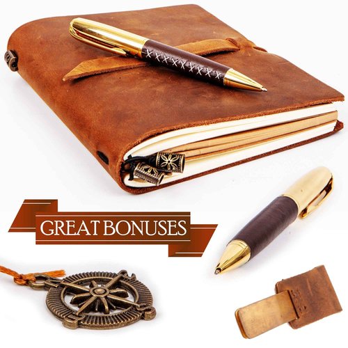 EMCOLLECTION Premium Leatherbound Writing Journal Set: Real Authentic Antique Style & Handmade W Lined Paper & Blank Pages for Writing, Travel Diary for Artistic Men & Women. This Versatile