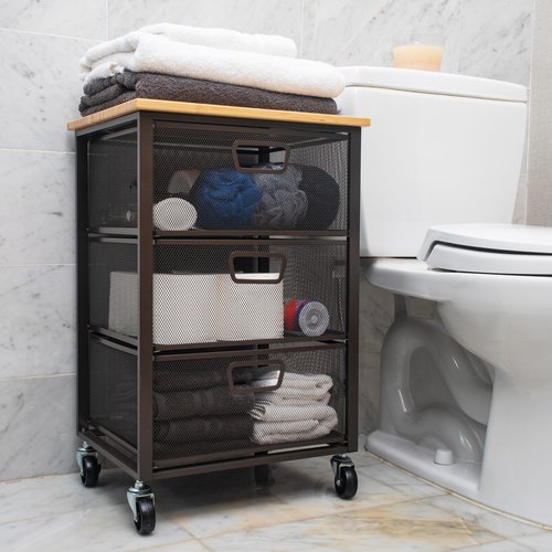 Mind Reader 3-Drawer Rolling Storage Cart, Office Organizer with Wood Top, Multipurpose Portable Cabinet with Wheels, Metal Mesh, Black