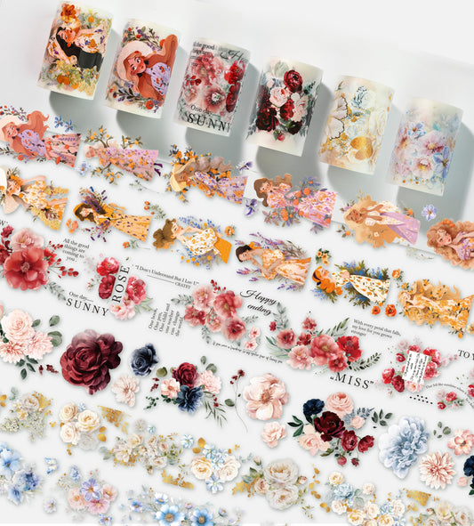 Cratey Floral PET Washi Tape Set - 6 Roll Wide PET Tape for Scrapbook Supplies,Character Decorative Girls Sticker,Flower Stickers, Bullet Journals Materials,Planner Arts Craft Collage
