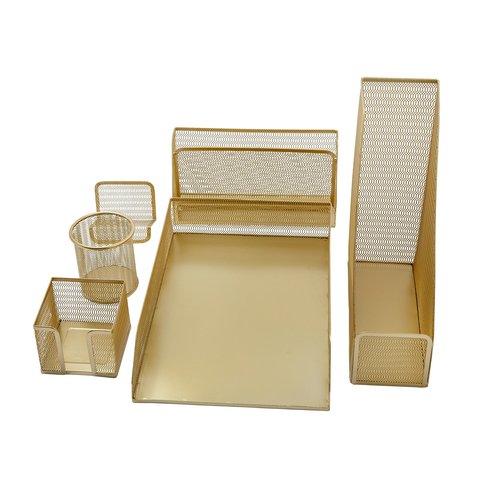 Martha Stewart Ryder Gold Mesh Metal 6 Piece Set Desktop Organizers and Accessories, Holds Files, Magazines, Letters, Pens, Sticky Notes and Business Cards