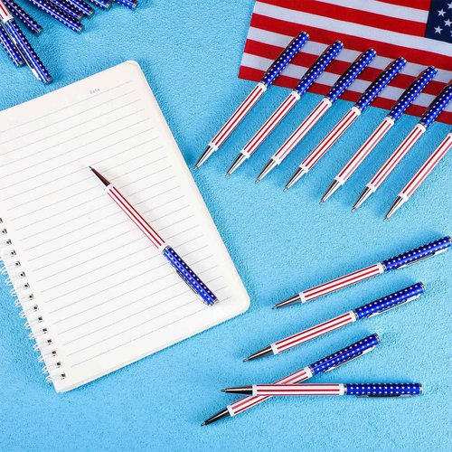 Gueevin 60 Pcs American Flag Ballpoint Pen Patriotic 4th of July Metal Pens USA Themed Slim Retractable Pens Bulk Black Ink 0.7 mm for Independence Day Veteran Swat Souvenir Gifts(Silver)