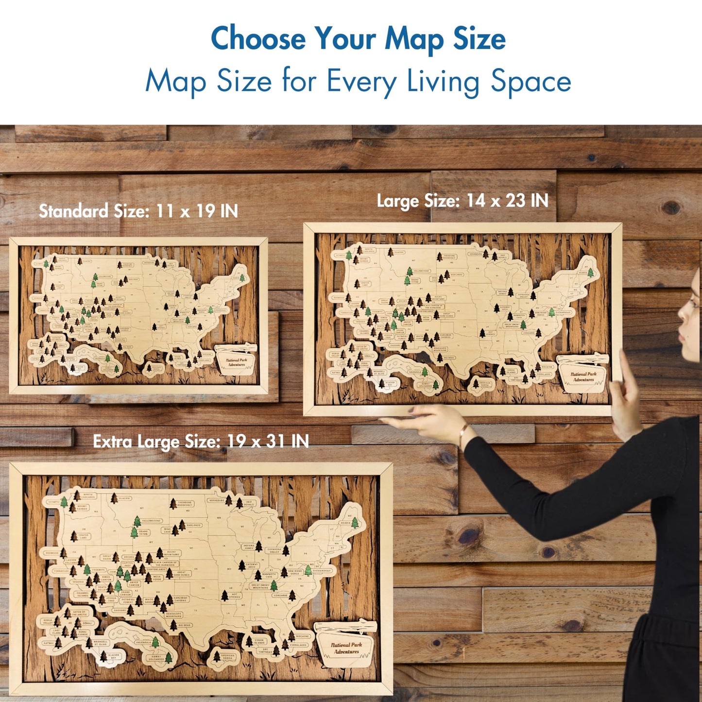 Wooden National Park Map with Push Pin Travel Tracker - All 63 Parks Checklist – Handcrafted in USA - Gift for Hikers, Couples & Families – Bucket List Wall Art Decor