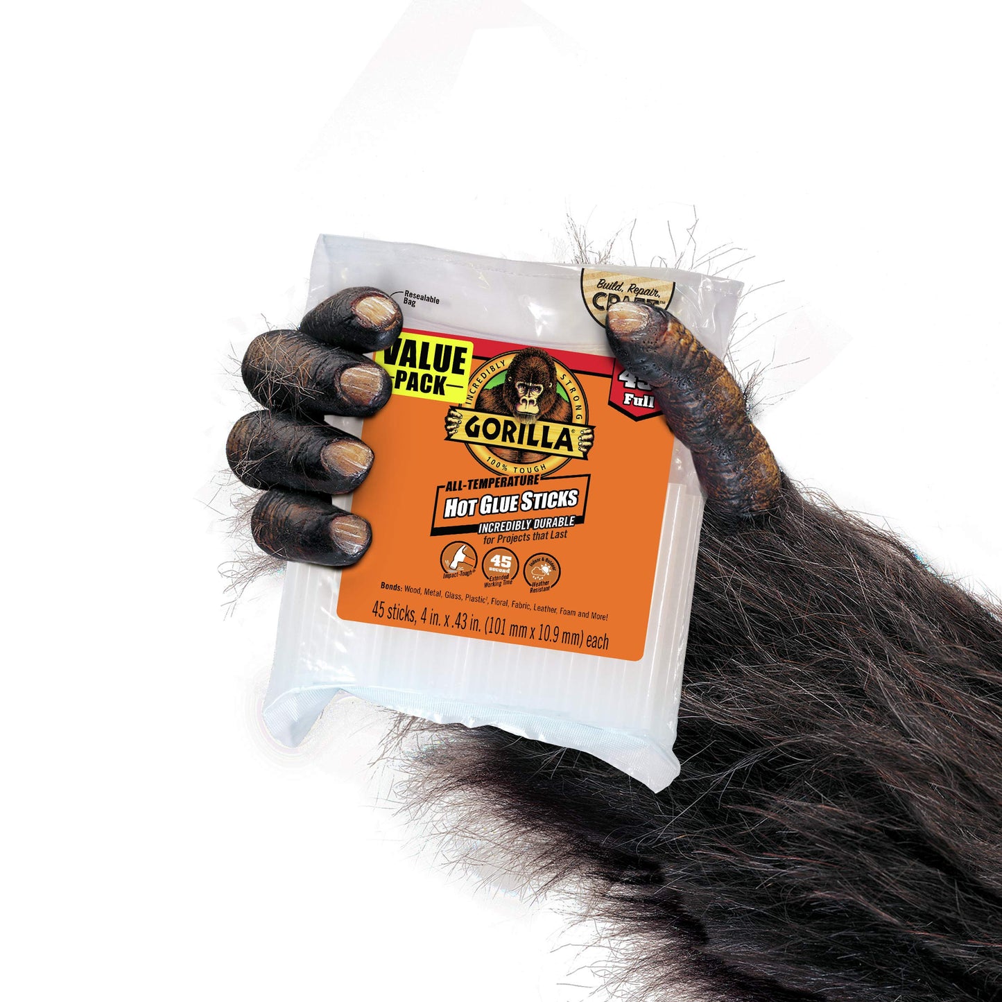 Gorilla Hot Glue Sticks, Full Size, 4" Long x .43" Diameter, 45 Count, Clear, (Pack of 2)