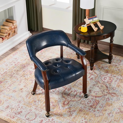 LEEMTORIG Set of 2 Dining Chairs with Casters and Arms, Large Rolling Dining Chairs with Wheels, Accent Poker Table Chairs, Solid Wood Boss Caption's Chairs, Cherry Legs & Blue SY-1533-LB