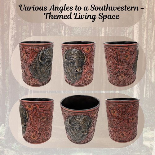 BestGiftEver Faux Tooled Leather Trash Bin with Bison Bust Accent - Southwest Decorative Resin Wastebasket - Ideal for Ranch Farmhouse Enthusiasts