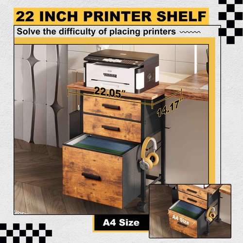 NASHZEN File Cabinet Printer Stand, Fabric Mobile Filing Cabinet with 3 Storage Drawers, for Hanging A4, Letter Size File Folders, Storage Bag and Hooks Home Office, Rustic Brown