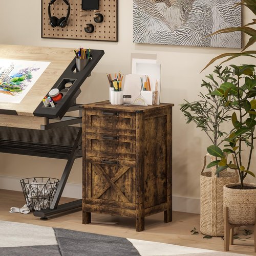 HOMCOM 3 Drawer File Cabinet with Silent Slides, Vertical Filing Cabinet for Hanging A4/Letter Size, Rustic Farmhouse Printer Stand with Storage for Home Office, Rustic Brown