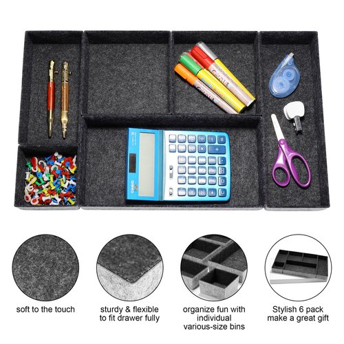 Welaxy Deluxe drawer organizers multi-purpose storage box junk bins soft but sturdy quiet luxury gift idea catch tray office home bathroom watches Jewelry nightstand holder 6-piece Style A (Charcoal)