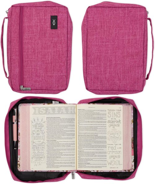 Christian Art Gifts Bible Cover - Durable Polyester with Jesus Fish Patch, Zipper Pocket & Pen Loops | Pink XL