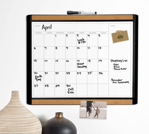 U Brands PINIT Dry Erase Calendar White Board, 16" x 20" Inches, Black Frame