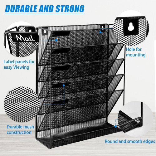 EASEPRES 5+1 Tier Mesh Desk File Organizer, Hanging Wall Mount Document Organization Stand, Desktop Vertical Mail Paper Folder Holder Rack with Bottom Tray for Office Home Cubicle, Black