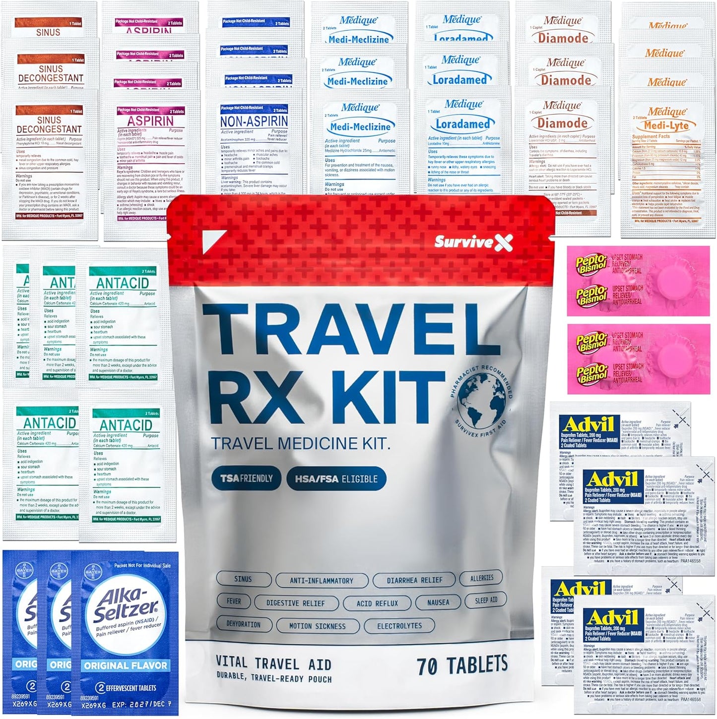 SurviveX Travel Medicine Kit - Compact TSA-Approved First Aid Pack for Travel & Camping | Includes OTC Meds