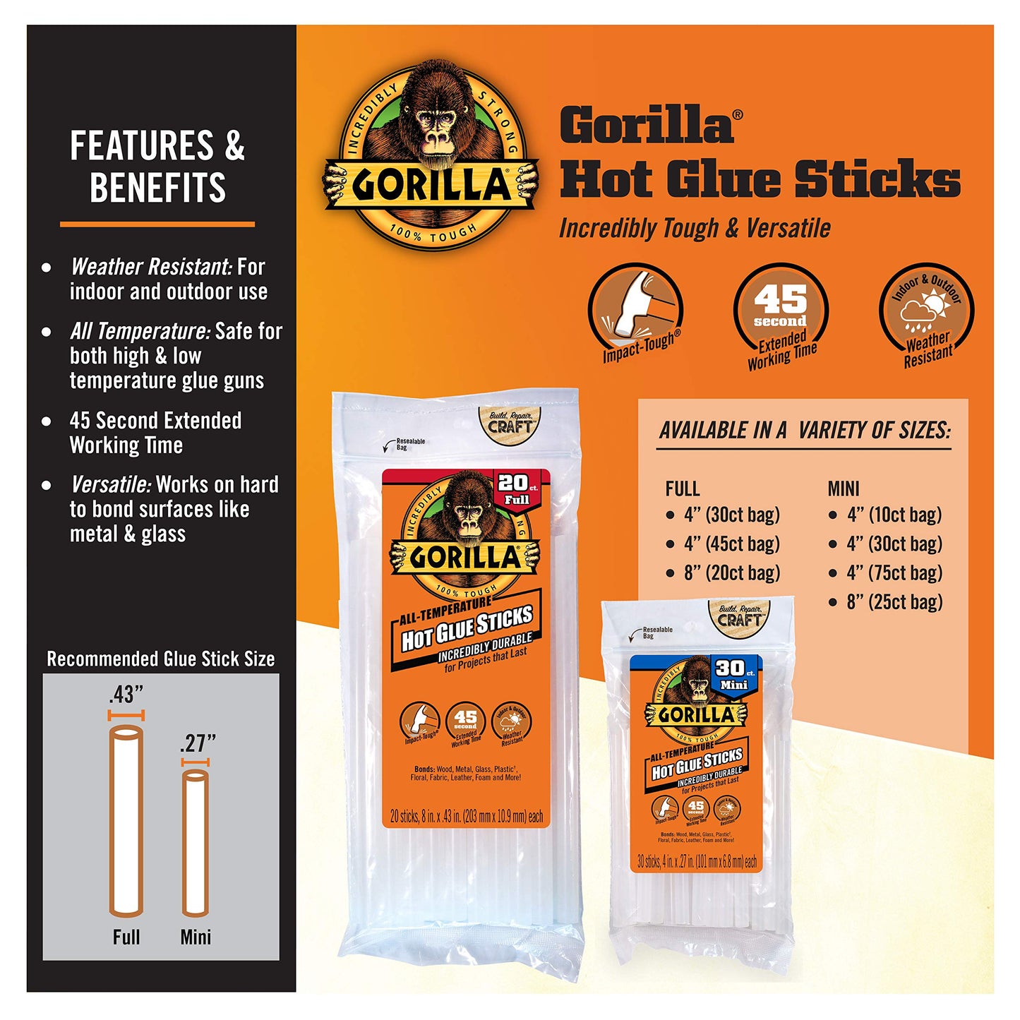 Gorilla Hot Glue Sticks, Full Size, 4" Long x .43" Diameter, 45 Count, Clear, (Pack of 2)