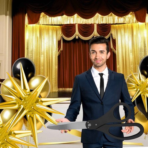 Black Ribbon Cutting Ceremony Kit - 25 Inch Scissors for Grand Opening Gold Satin Ribbon Gold Star Balloons and Grand Opening Banner for Inaugurations Special Events Ceremonies