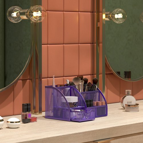 EasyPAG Mesh Desk Organizer, Multi-functional Stationery Organizer for School Supplies, Office Pen Holder for Desk, 6 Compartments Dorm Organization with Drawer, Purple
