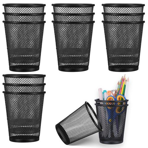 HOFURME 12 PCS Mesh Pen Cup, Metal Pencil Holder, Pen Holder Cup ,Pencil Cup, Round Office Classroom Pen Organizer Cup, for Students Kids Adult (Black)