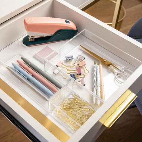 Martha Stewart Brody Desktop Storage Organizer, Stack and Slide Plastic Organizer Tray, Organizer for Office, Kitchen, or Vanity, 1-S, 1-M, 1-L (Pack of 2)
