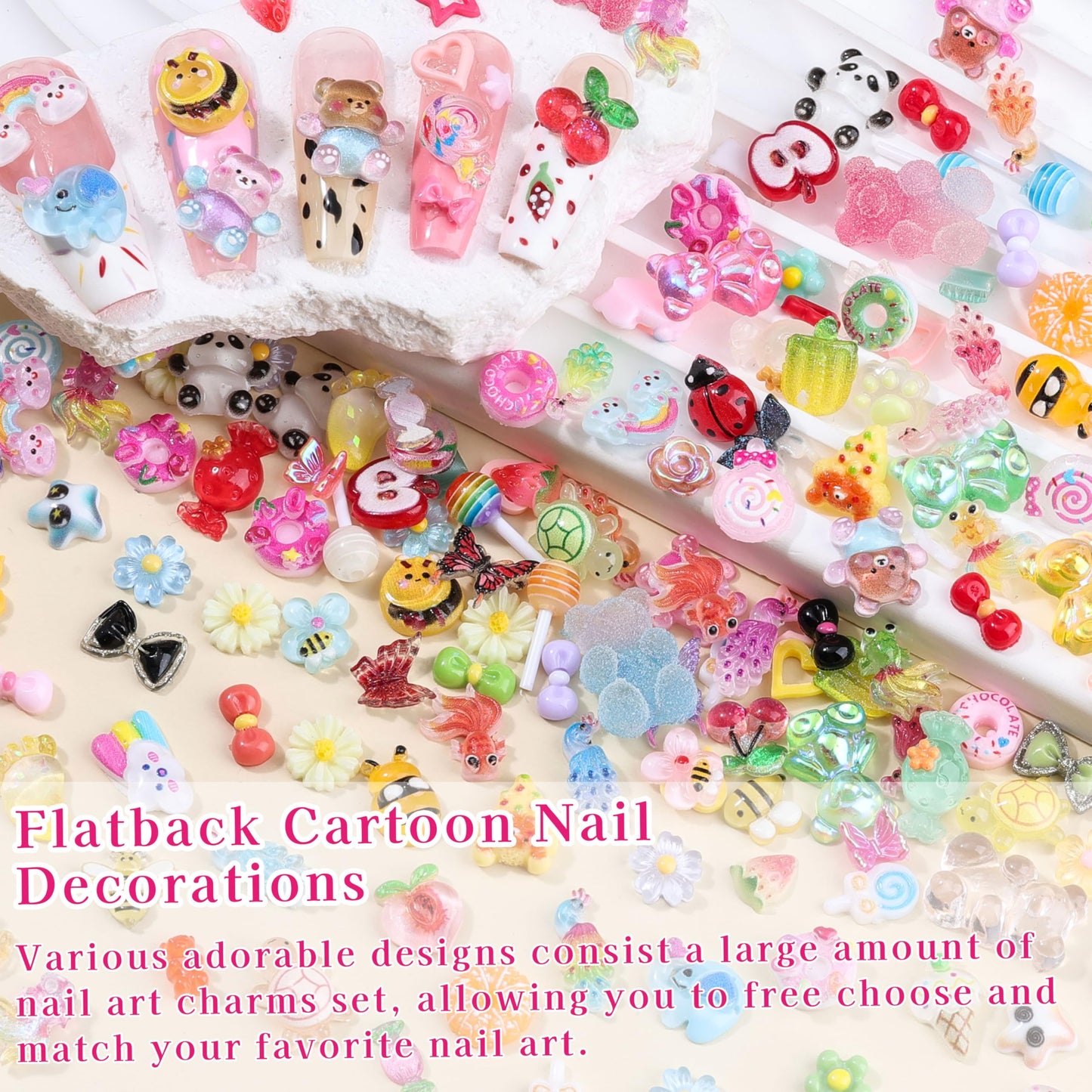 250Pcs 3D Kawaii Nail Charms Kit, Mixed Cartoon Candy Animal Fruit Resin Charms Flatback Gummy Bear Slime Charms Cute Star Heart Butterfly Daisy Flower Nail Supplies for Nails Phone Cases DIY Crafts