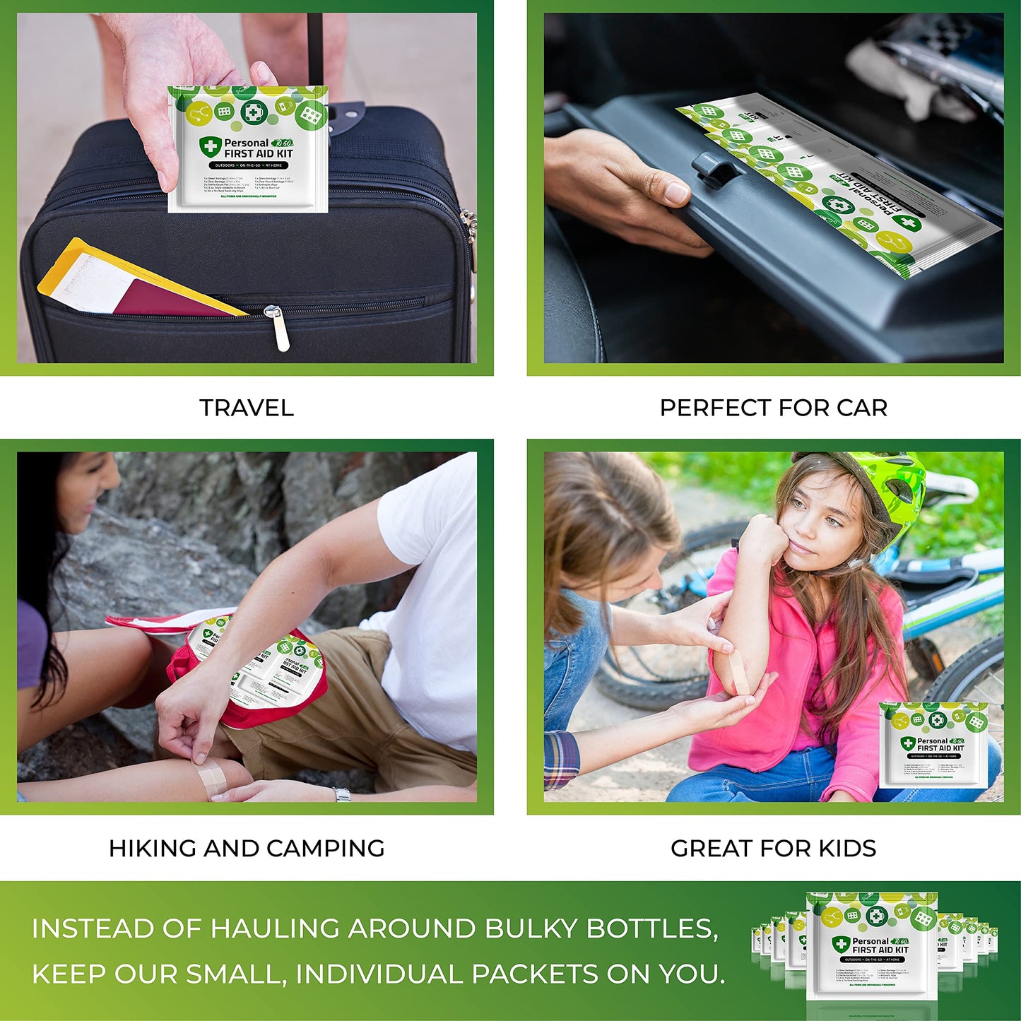 Portable Travel Size First Aid Kit - 60 Pack Case | Perfect for Home, Office, Car, School, Business, Travel, Hiking, Hunting, and Outdoors | Individually Wrapped First Aid Products (Green)