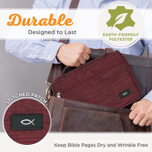Christian Art Gifts Polyester Bible Cover - Jesus Fish Patch, Secure Zipper Pocket, Burgundy, Small
