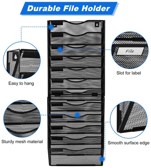Solinxe Wall File Holder, 12 Pockets Hanging File Folder, Paper Organizer Storage, Document Rack, Mail Holder, Magazine Rack, Wall Organizer for Office, Black