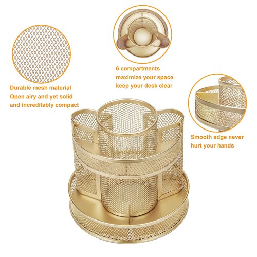 Annova Mesh Desk Organizer Rotate with 5 Compartments Round Spinning Tidy Candy/Pen Holder Desk Accessories Office, Art Supply, Storage, Classroom, Home (Gold)