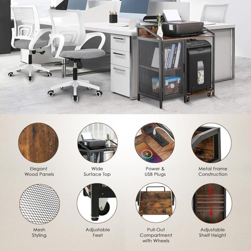 Houseables Printer and Shredder Stand, Printer Table with Storage, Shredder Cabinet on Wheels, Table for Home Office, PC Tower, Desk with File Cabinet Shelf Cart with Drawers, 2 USB and AC Outlets