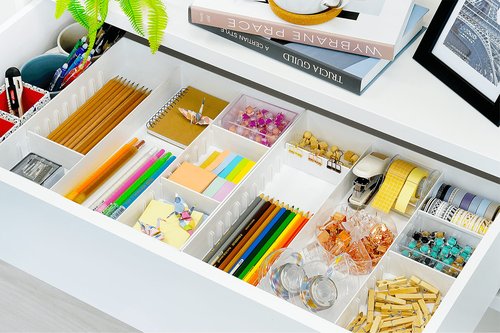 CAXXA 3 Slot Drawer Organizer with 4 Adjustable Dividers - 7 Compartments Junk Drawer Storage for Makeup & Vanity, Office Desk Supplies and Accessories,WHITE (2 pack)