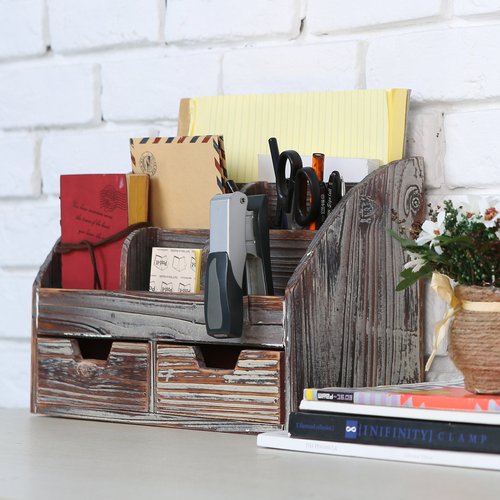 MyGift Torched Wood Desktop Organizer - Includes 6 Compartments and 2 Pullout Drawers to Organize Office Supplies and Accessories