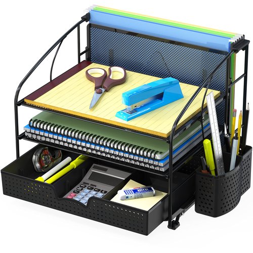 Simple Houseware 3-Tier Desk Organizer with Sliding Drawer, Hanging File Holder and Pen Holder Accessory, Black